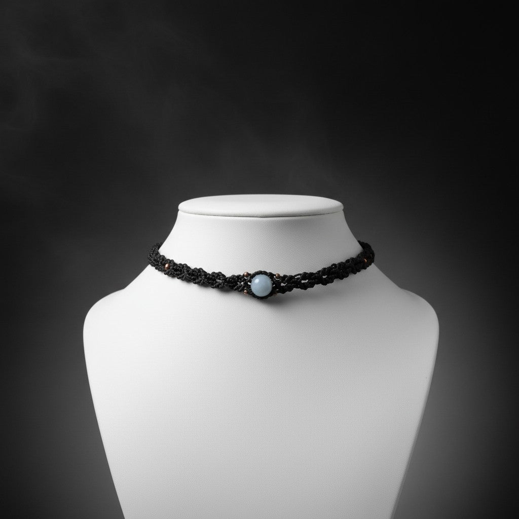 Choker "Serenidad Natural": Ágata Azul y Macramé Verde Oliva - My Cuqui Shop #