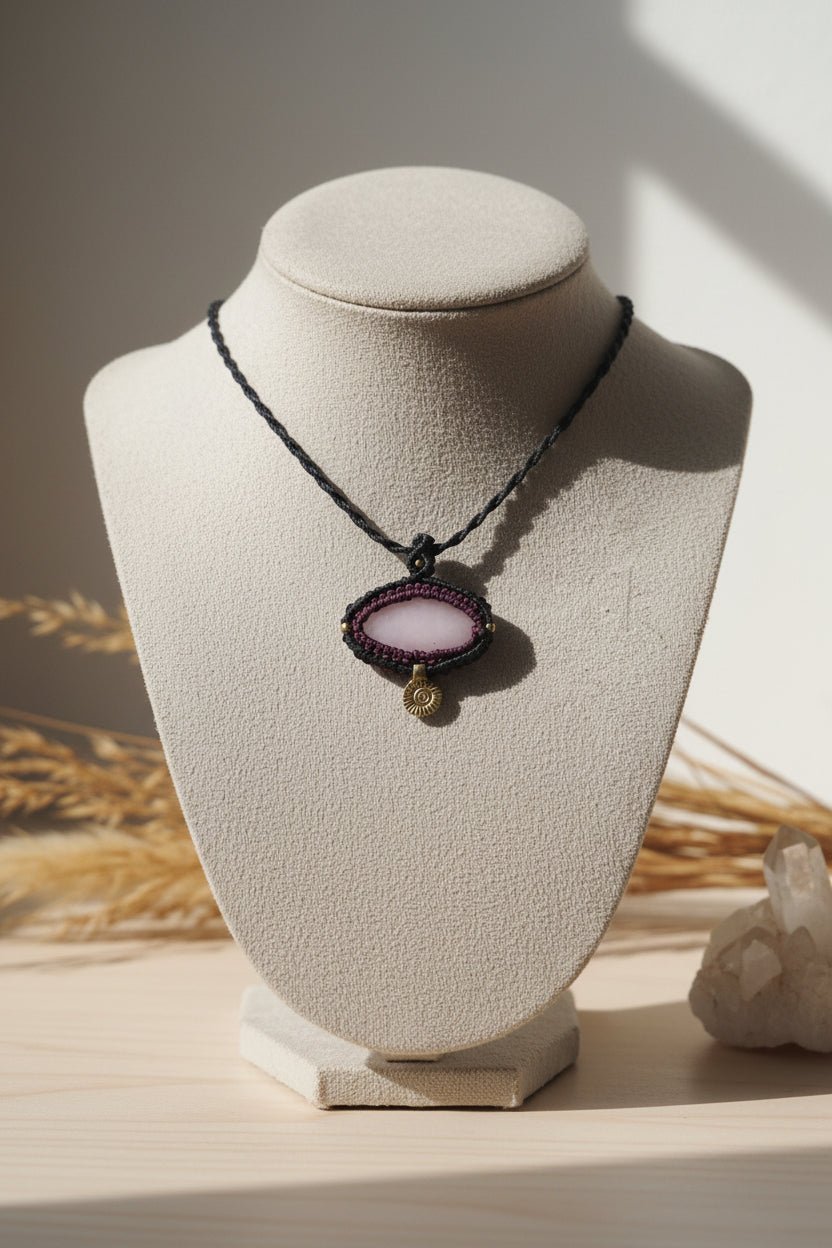 Collar Artesanal de Micromacramé Negro con Cuarzo Rosa y Dije de Latón Hindú - My Cuqui Shop