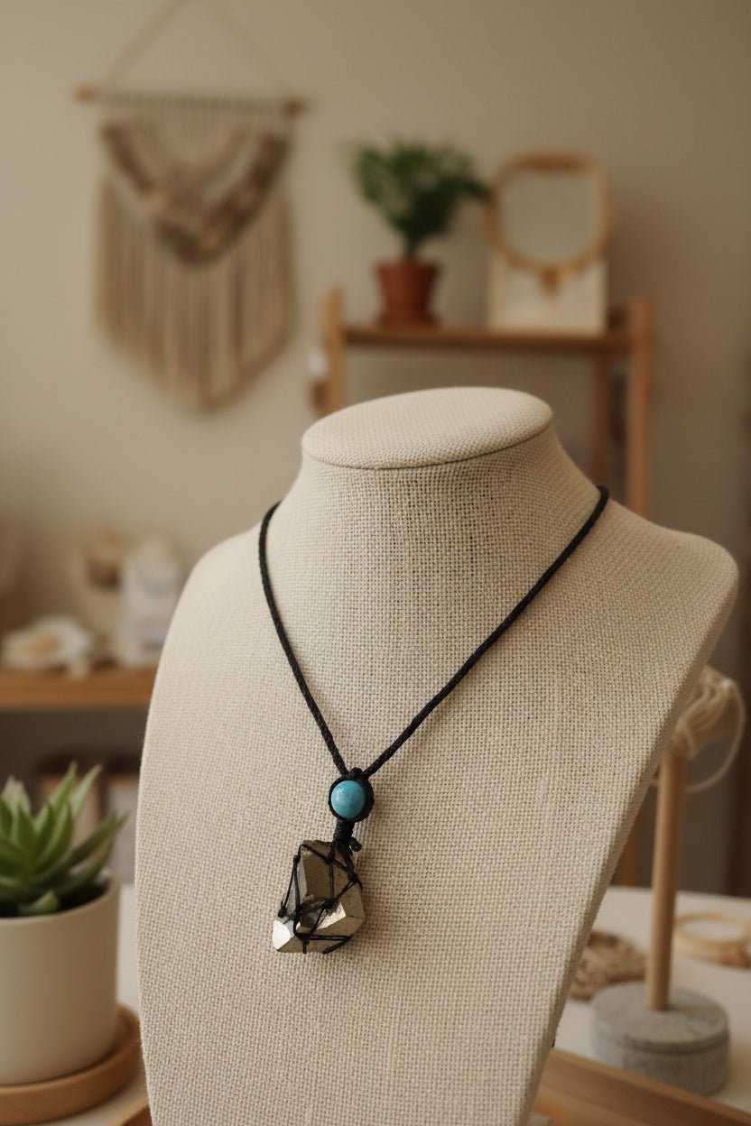 Collar "Escudo de Abundancia": Pirita en Bruto y Ágata Celeste en Macramé - My Cuqui Shop #