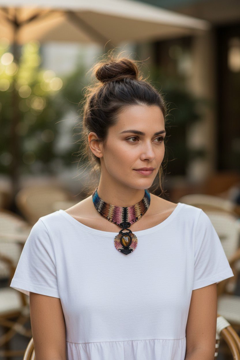 Collar Gargantilla "Ojo de Tigre Místico" en Macramé Multicolor - My Cuqui Shop #