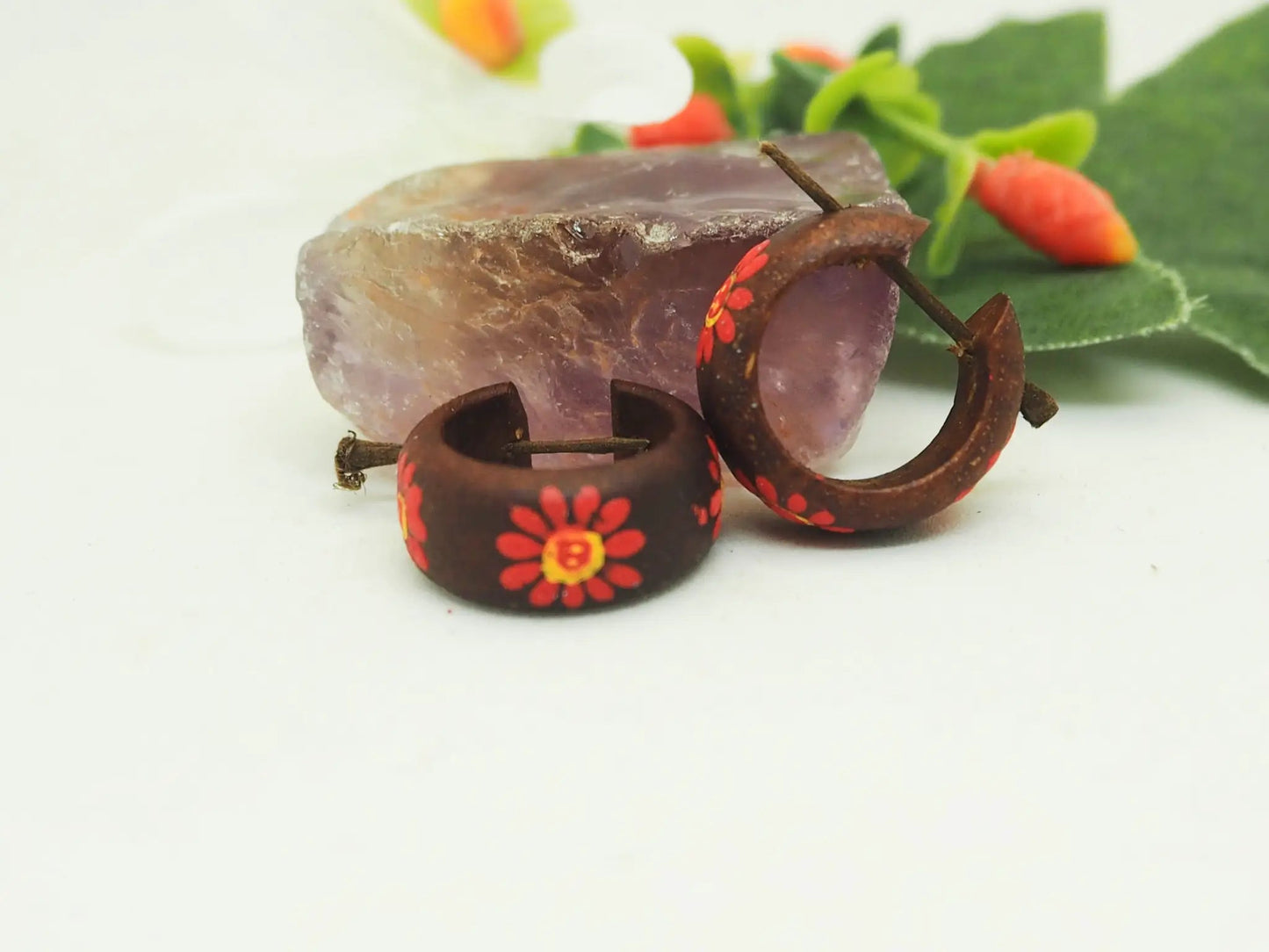 Pendientes de coco | marrones pintados flor - My Cuqui