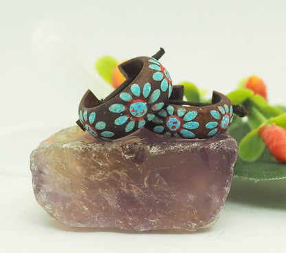 Aros Boho Chic de Madera con Flores Azules Pintadas a Mano - My Cuqui Shop