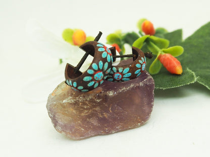 Aros Boho Chic de Madera con Flores Azules Pintadas a Mano - My Cuqui Shop