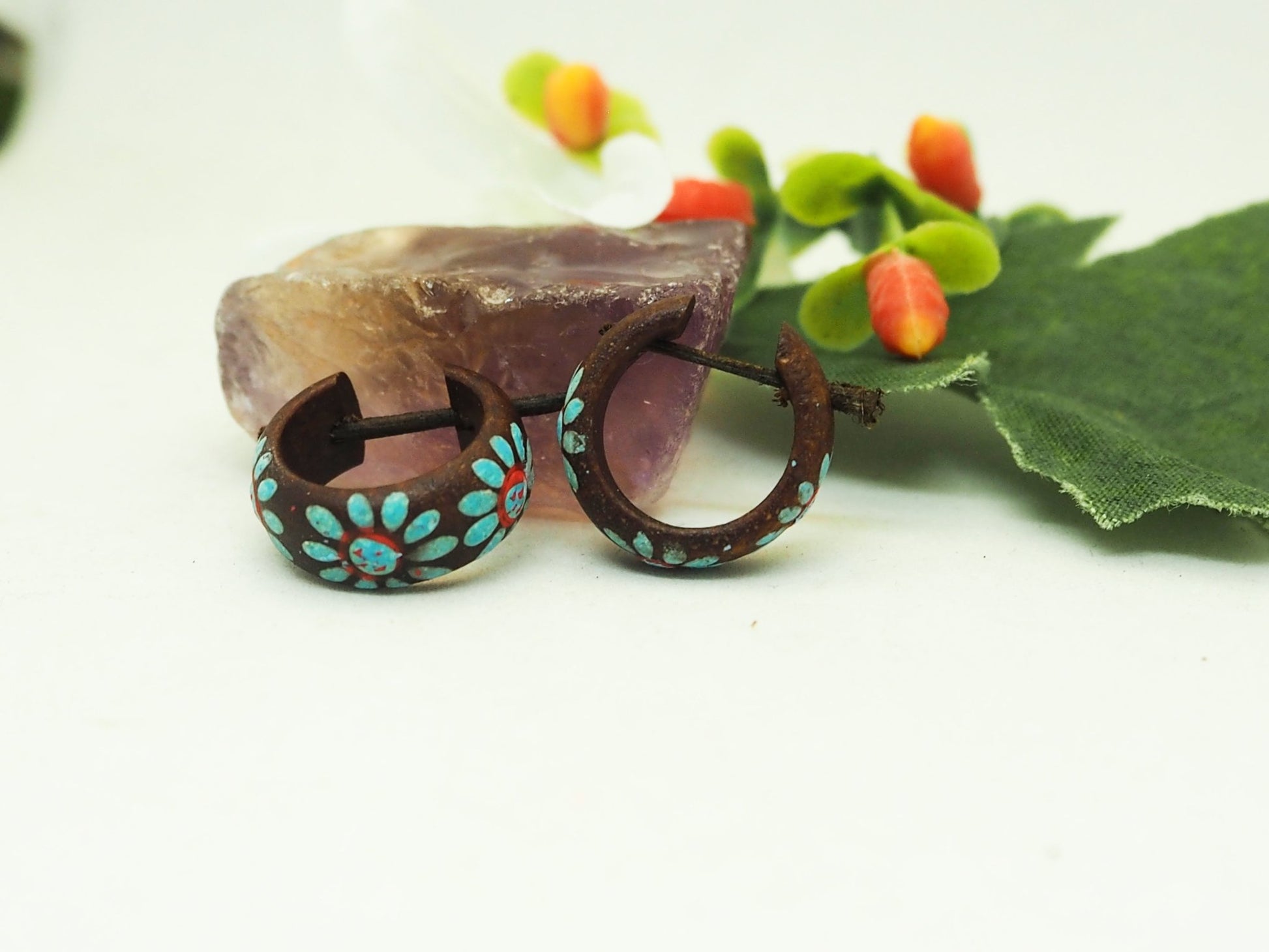 Aros Boho Chic de Madera con Flores Azules Pintadas a Mano - My Cuqui Shop