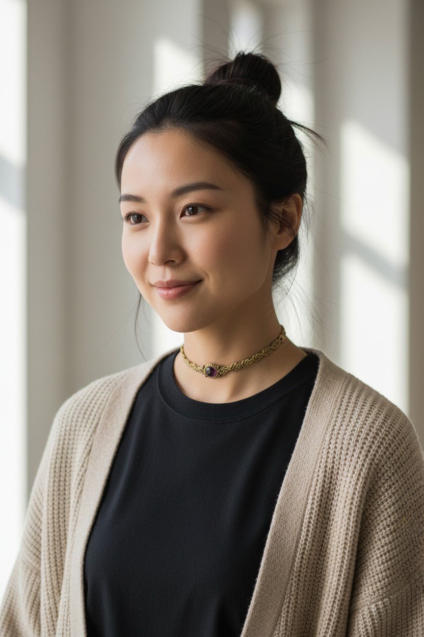 Choker Glamour "Corona Violeta": Amatista y Hilo Encerado Dorado - My Cuqui Shop #