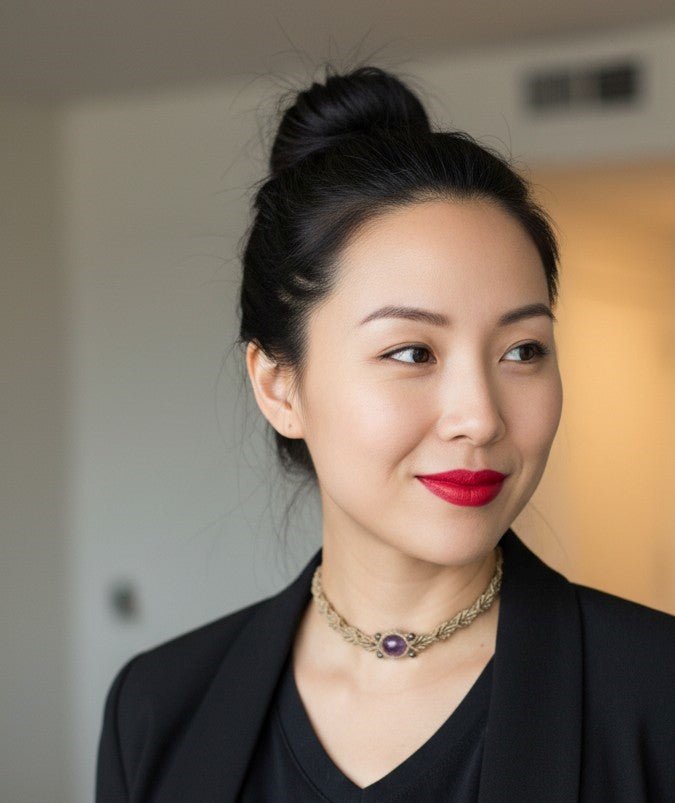 Choker Glamour "Corona Violeta": Amatista y Hilo Encerado Dorado - My Cuqui Shop #