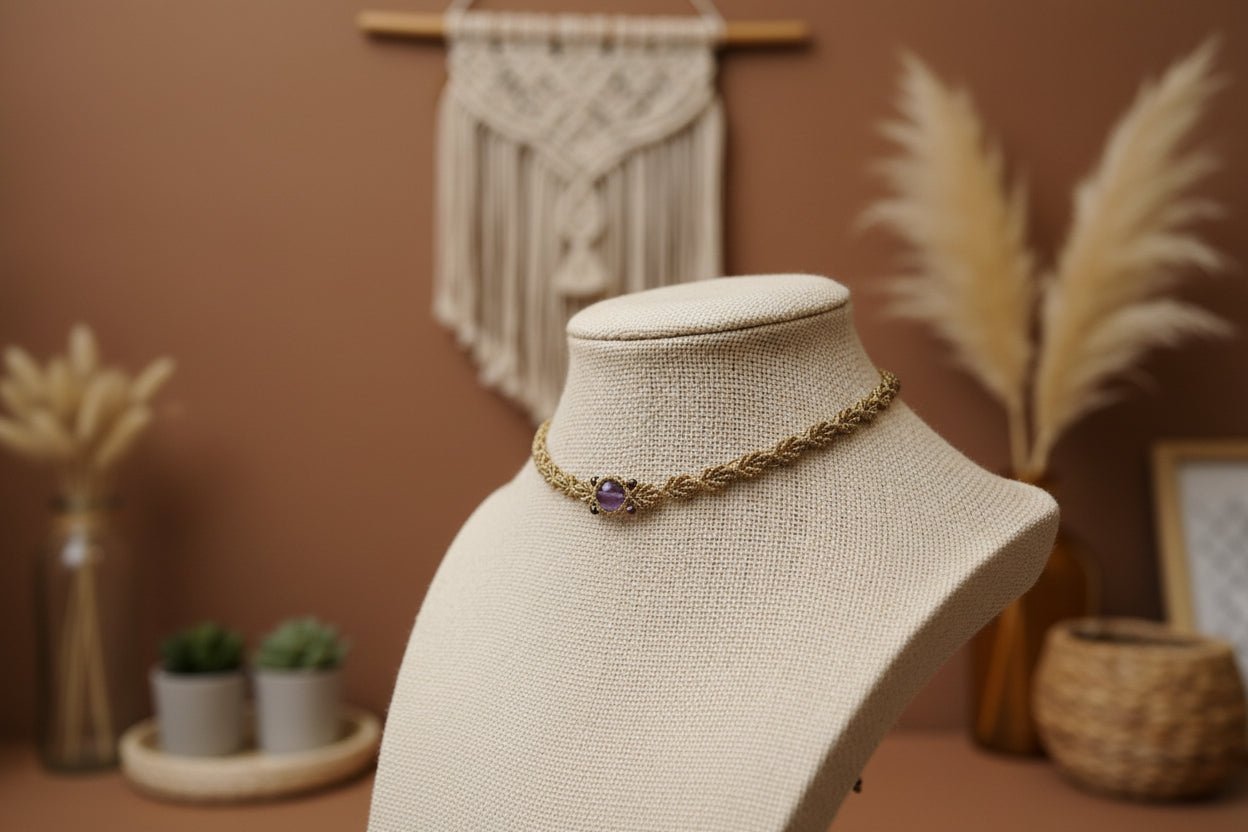 Choker Glamour "Corona Violeta": Amatista y Hilo Encerado Dorado - My Cuqui Shop #