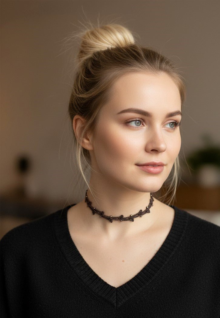 Choker "Hojas" en hilo encerado color marrón - My Cuqui Shop #