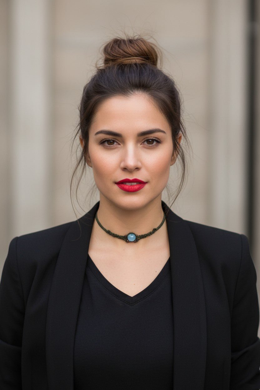 Choker "Serenidad Natural": Ágata Azul y Macramé Verde Oliva - My Cuqui Shop #