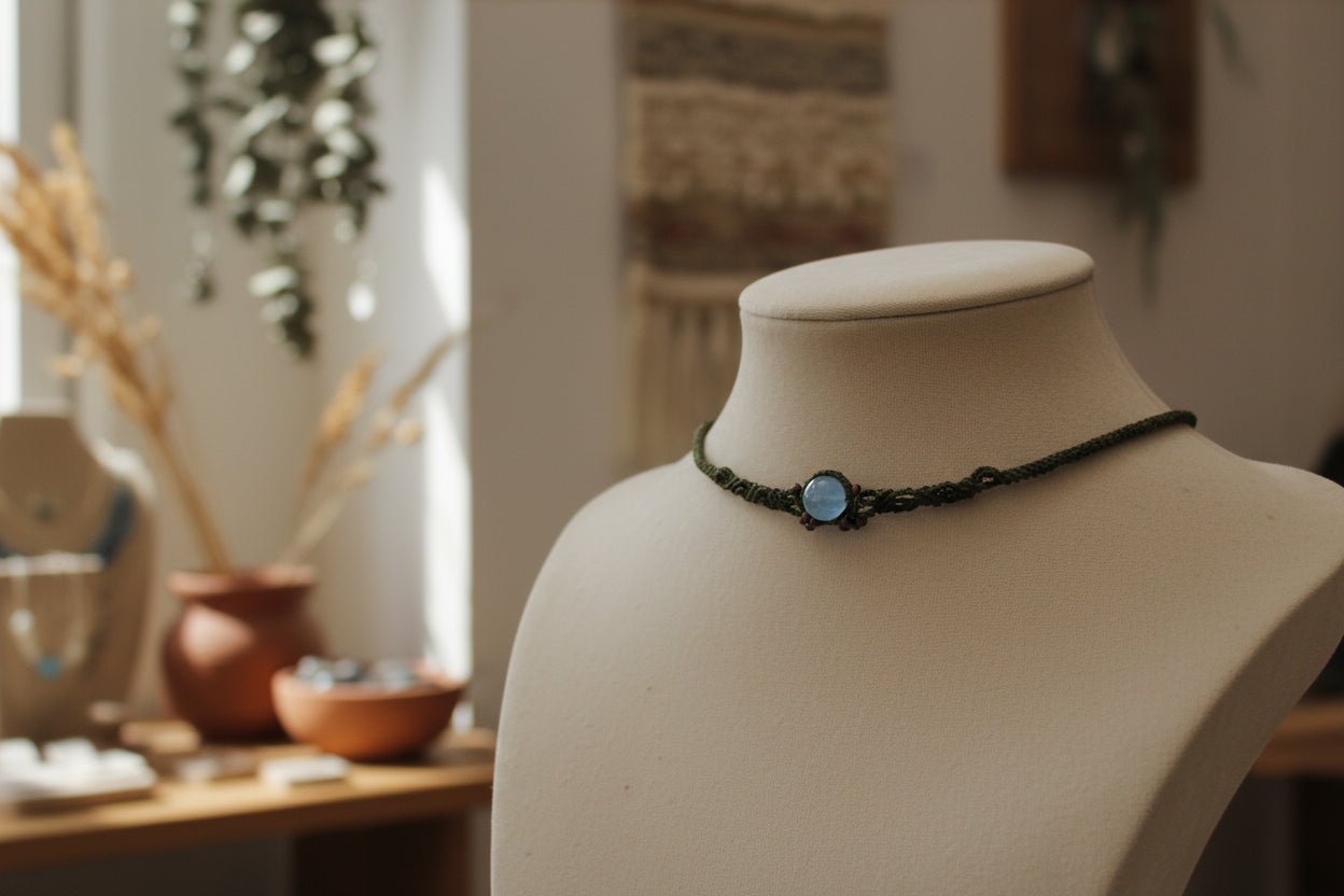 Choker "Serenidad Natural": Ágata Azul y Macramé Verde Oliva - My Cuqui Shop #