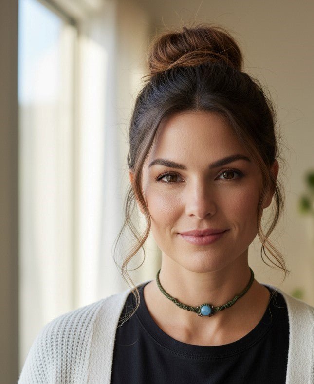 Choker "Serenidad Natural": Ágata Azul y Macramé Verde Oliva - My Cuqui Shop #