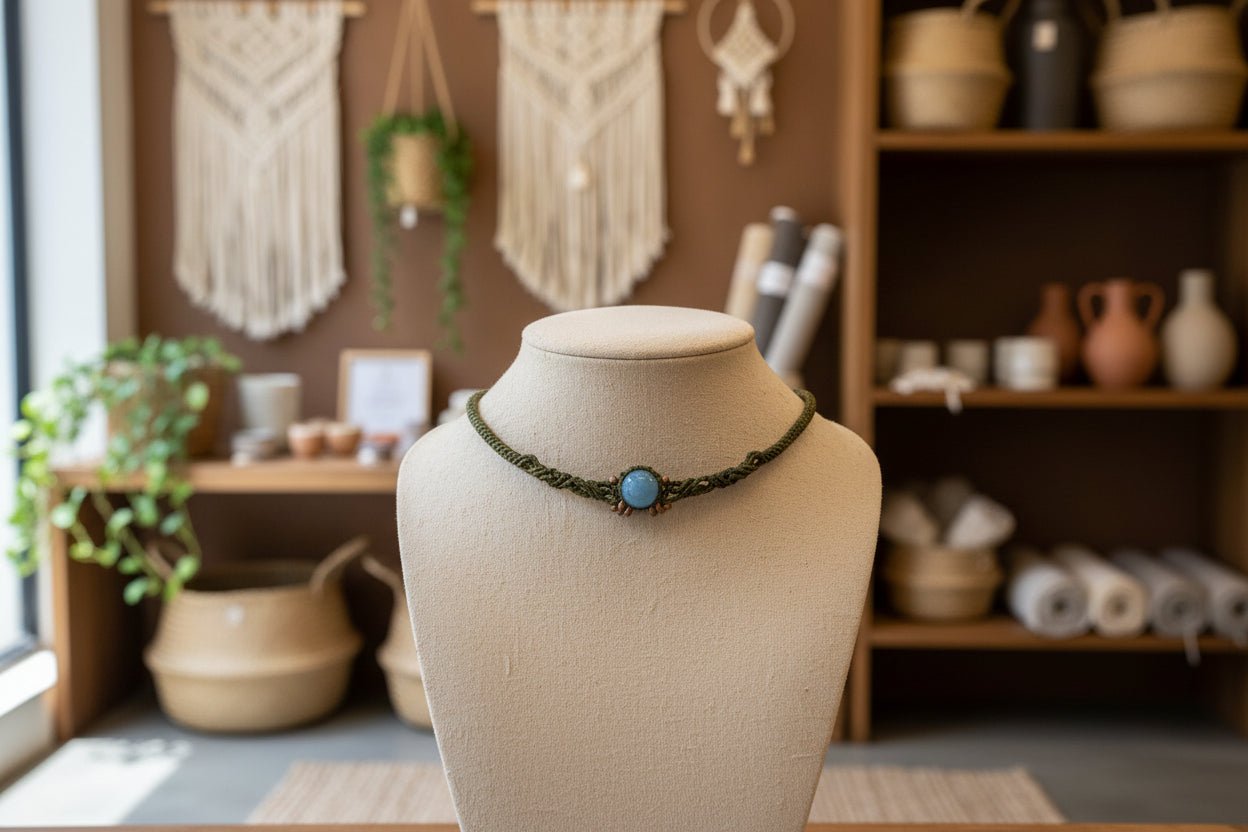 Choker "Serenidad Natural": Ágata Azul y Macramé Verde Oliva - My Cuqui Shop #
