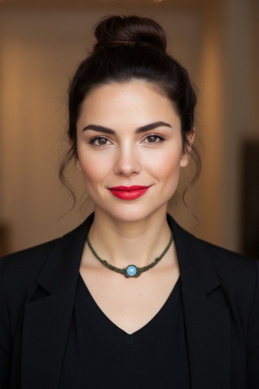 Choker "Serenidad Natural": Ágata Azul y Macramé Verde Oliva - My Cuqui Shop #