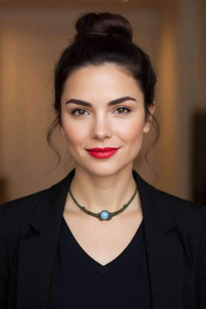 Choker "Serenidad Natural": Ágata Azul y Macramé Verde Oliva - My Cuqui Shop #