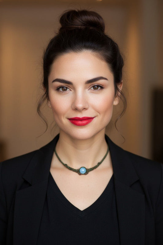 Choker "Serenidad Natural": Ágata Azul y Macramé Verde Oliva - My Cuqui Shop #