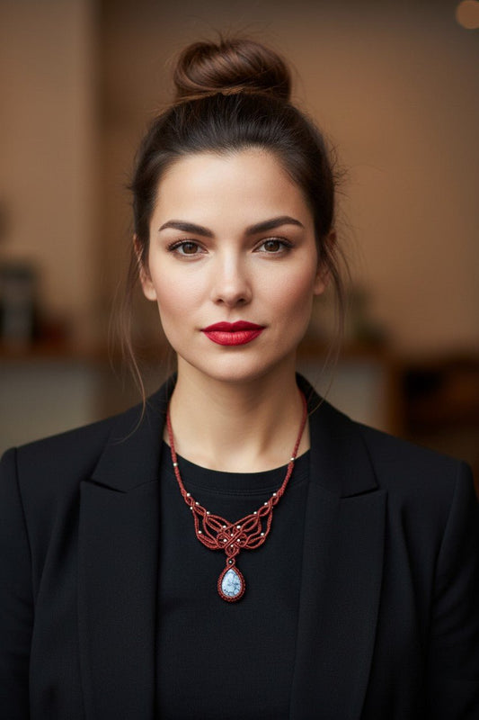 Collar Amuleto "Equilibrio y Purificación" en Macramé Rojo con Obsidiana Copo de Nieve - My Cuqui Shop