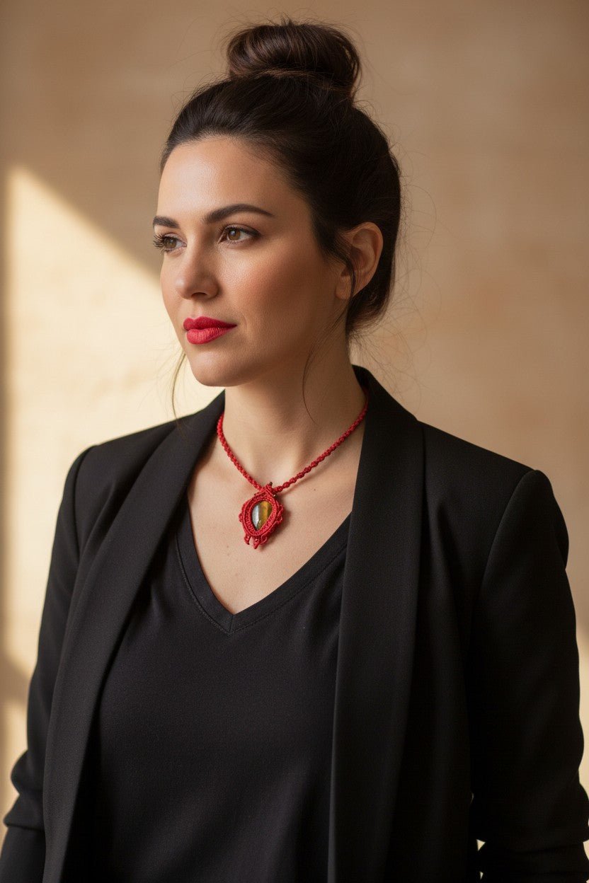 Collar Amuleto "Fuerza y Protección" en Macramé Rojo con Ojo de Tigre - My Cuqui Shop #