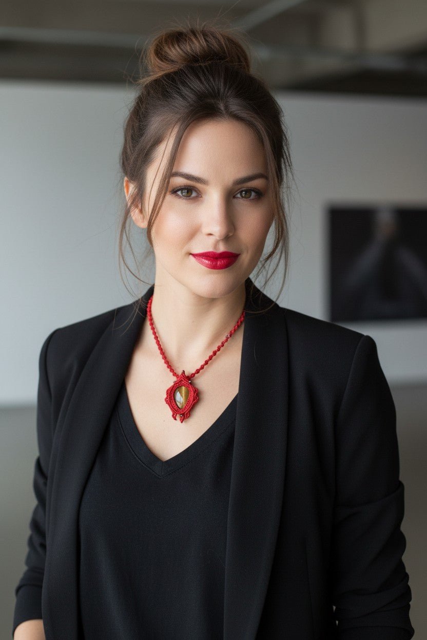 Collar Amuleto "Fuerza y Protección" en Macramé Rojo con Ojo de Tigre - My Cuqui Shop #