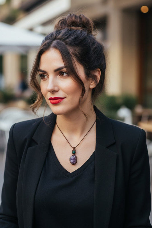 Collar Amuleto "Intuición y Calma" en Macramé con Amatista Bruta y Lapislázuli - My Cuqui Shop