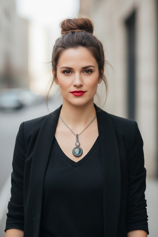 Collar Amuleto "Océano y Tierra" en Macramé Gris con Crisocola y Piedra Luna - My Cuqui Shop