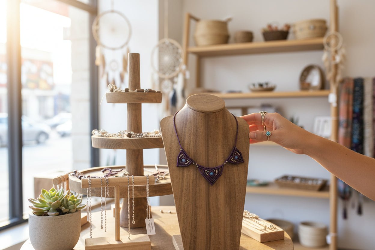 Collar Artesanal de Micromacramé  Color Vino/Burdeos con Ágatas Celestes - My Cuqui Shop #