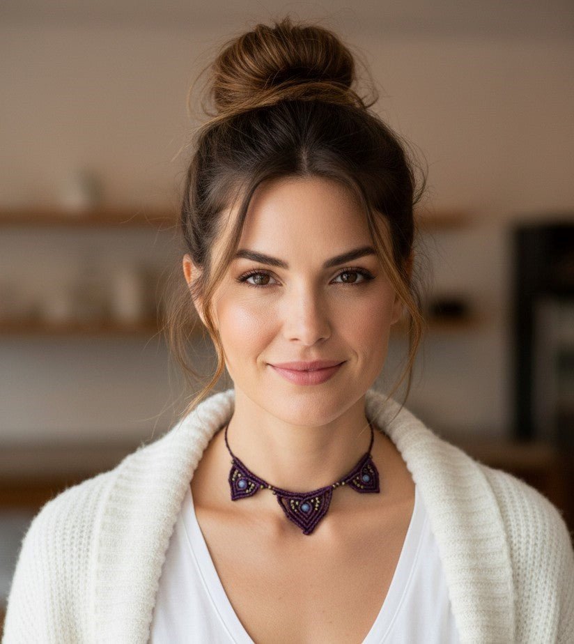 Collar Artesanal de Micromacramé  Color Vino/Burdeos con Ágatas Celestes - My Cuqui Shop #