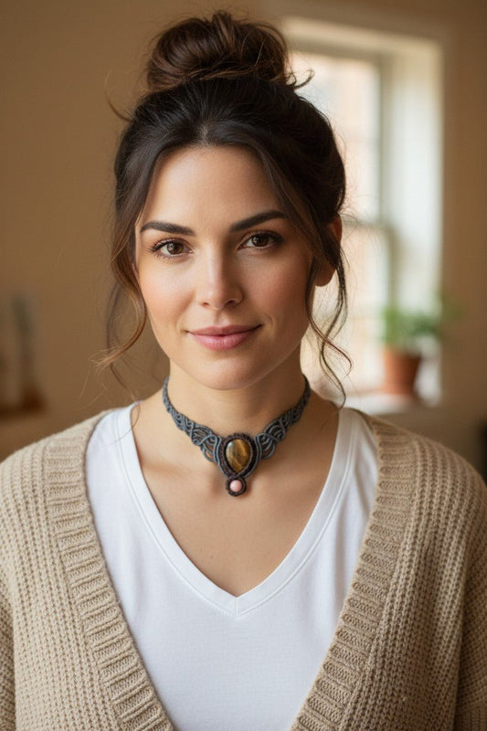 Collar Artesanal  Gris con Ojo de Tigre y Rodocrosita - My Cuqui Shop #