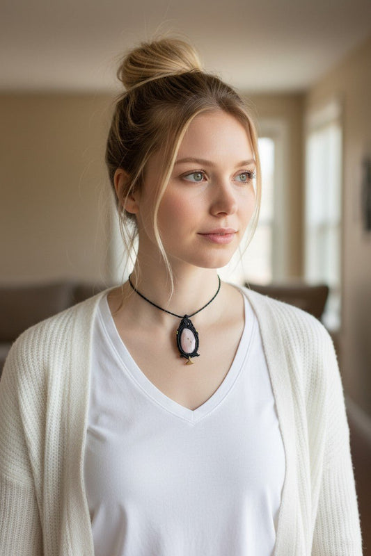 Collar Artesanal de Micromacramé Negro con Rodocrosita y Dije de Latón Hindú - My Cuqui Shop #