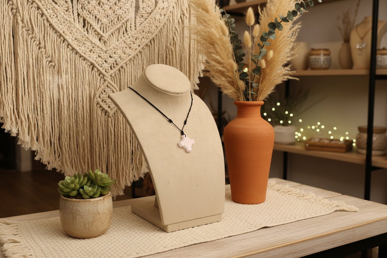 Collar Cruz Cuarzo Rosa Minimalista - My Cuqui Shop #