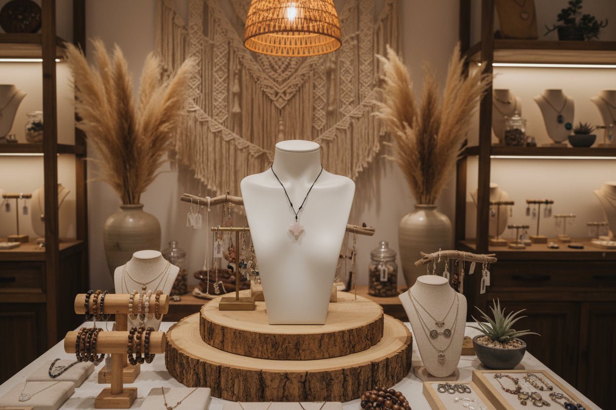 Collar Cruz Cuarzo Rosa Minimalista - My Cuqui Shop #