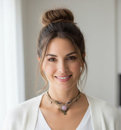 Collar en macramé color beige con amatista. Ajustable - My Cuqui Shop #