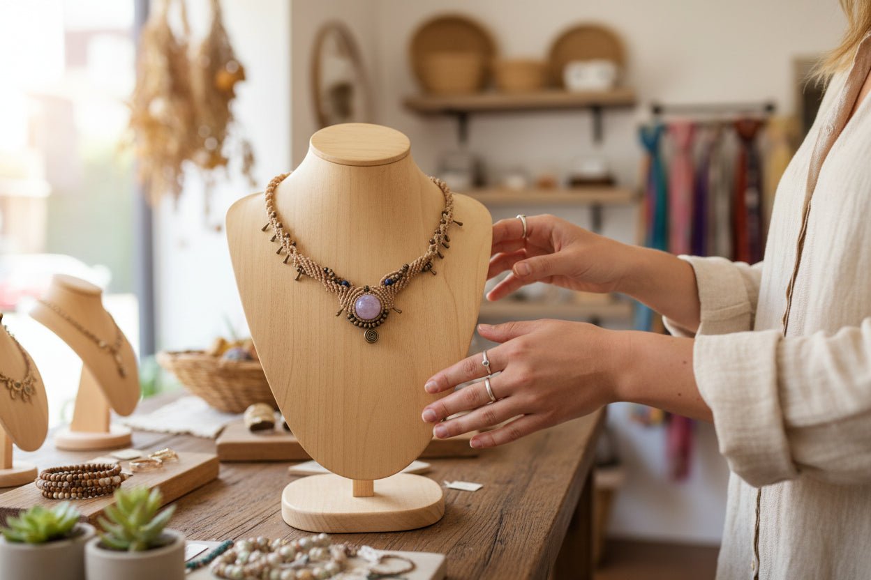 Collar en macramé color beige con amatista. Ajustable - My Cuqui Shop #