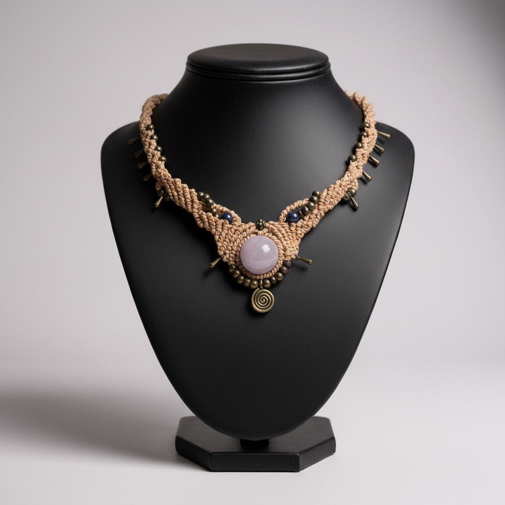 Collar en macramé color beige con amatista. Ajustable - My Cuqui Shop #
