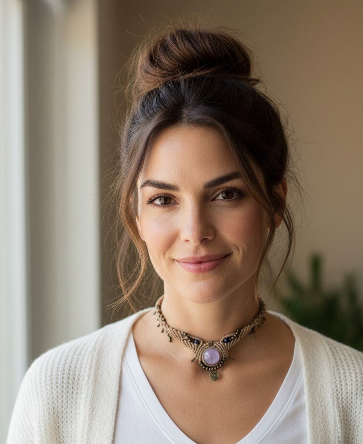 Collar en macramé color beige con amatista. Ajustable - My Cuqui Shop #