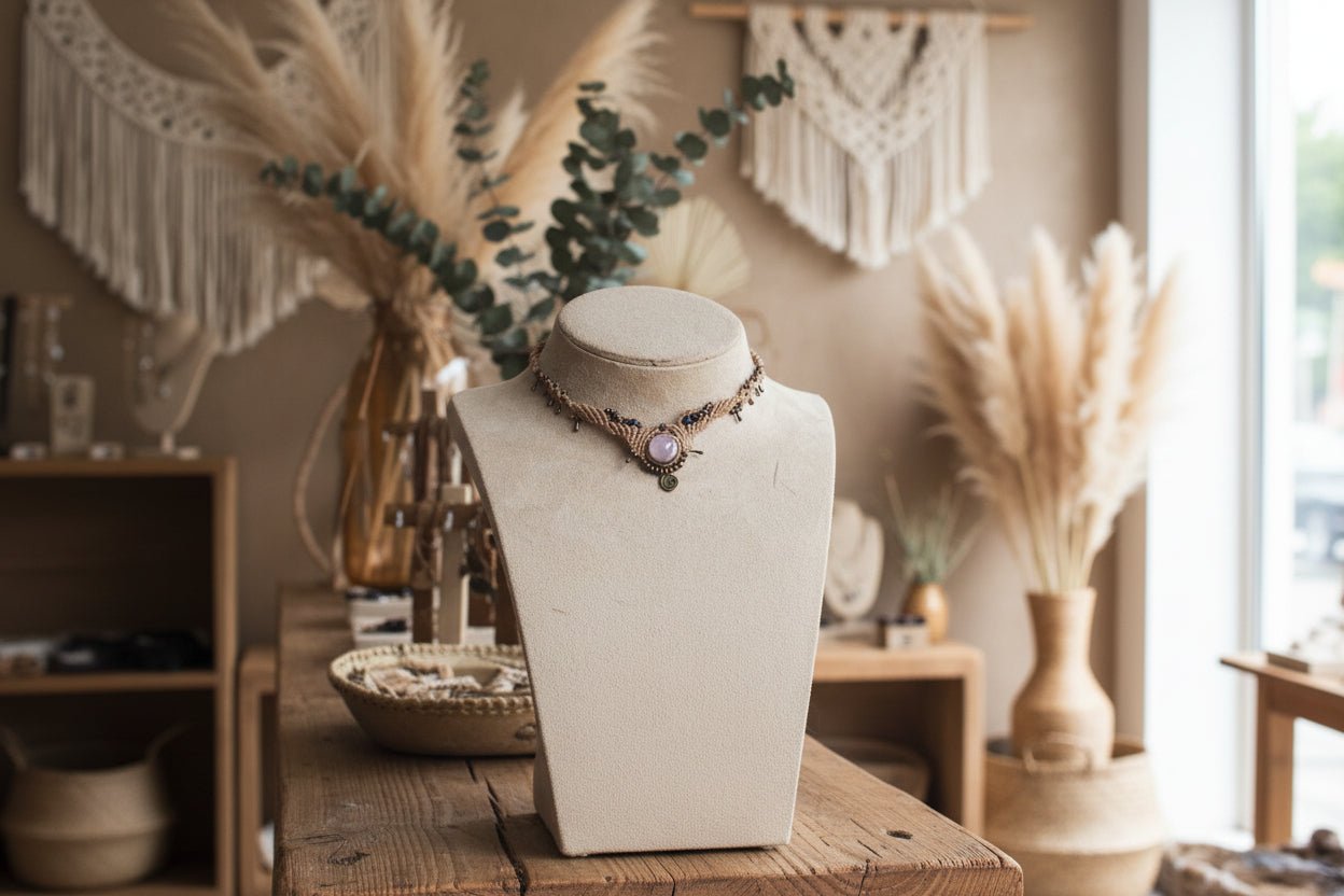 Collar en macramé color beige con amatista. Ajustable - My Cuqui Shop #