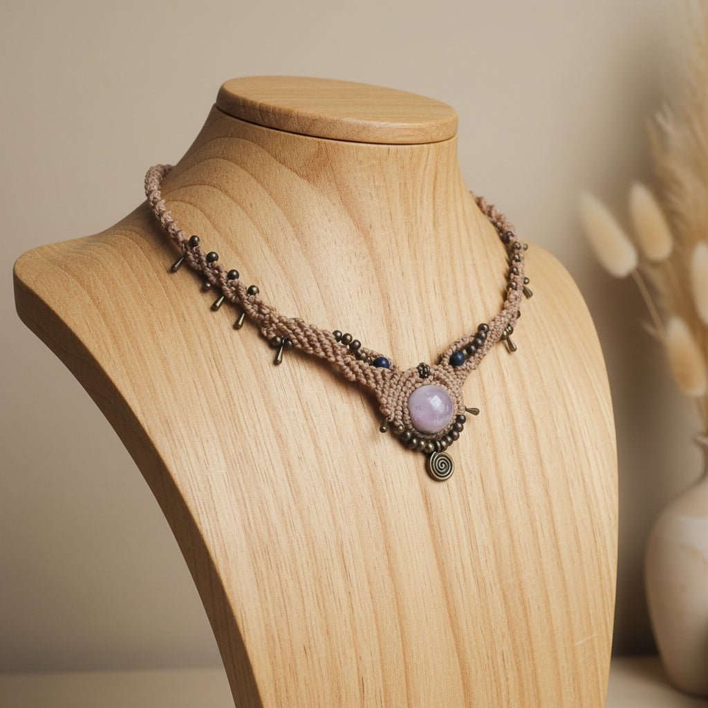 Collar en macramé color beige con amatista. Ajustable - My Cuqui Shop #