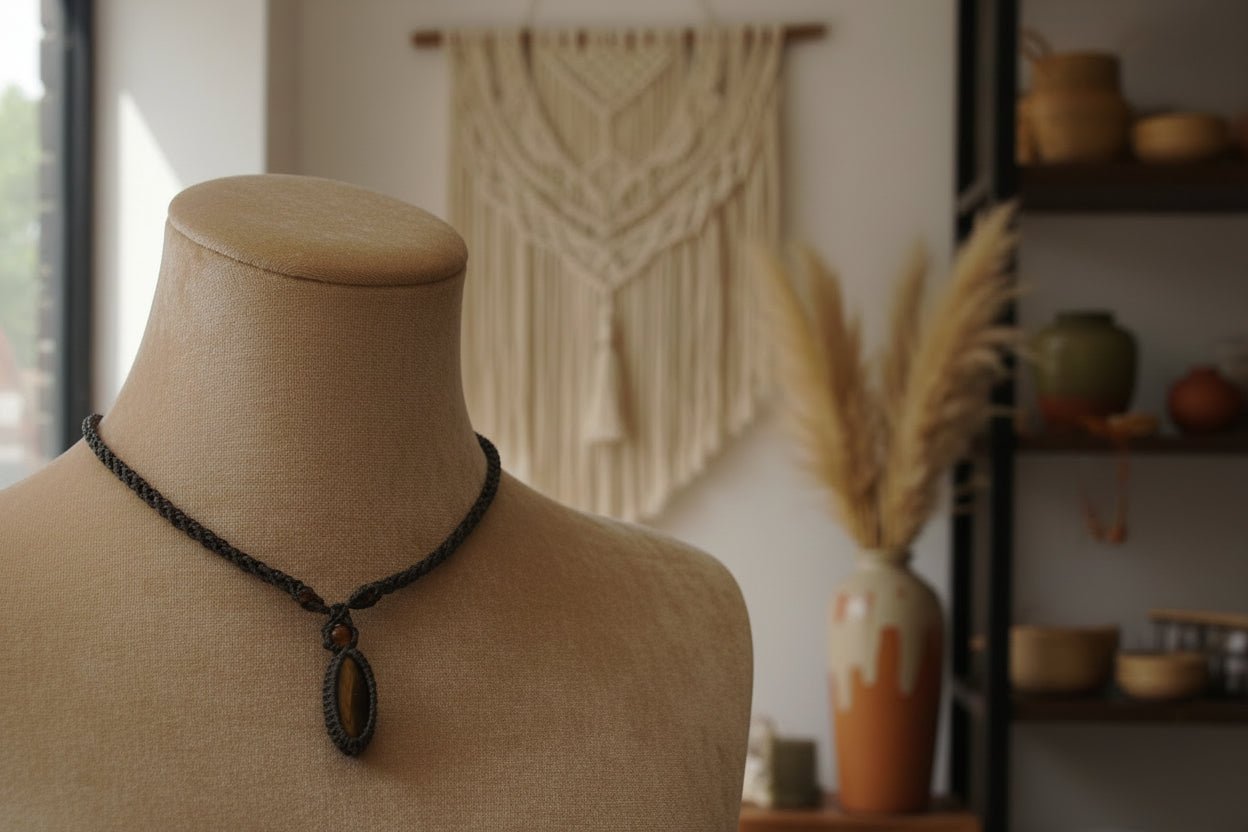 Collar en macramé "Fuera Interiori" Ojo de Tigre - My Cuqui Shop