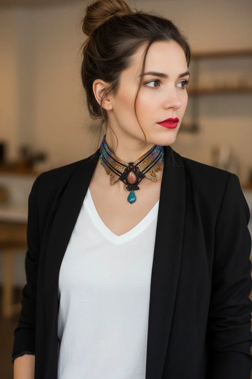 Collar Étnico Alas de Macramé: Piedra del Sol y Cerámica Turquesa | Joya Cuqui - My Cuqui Shop