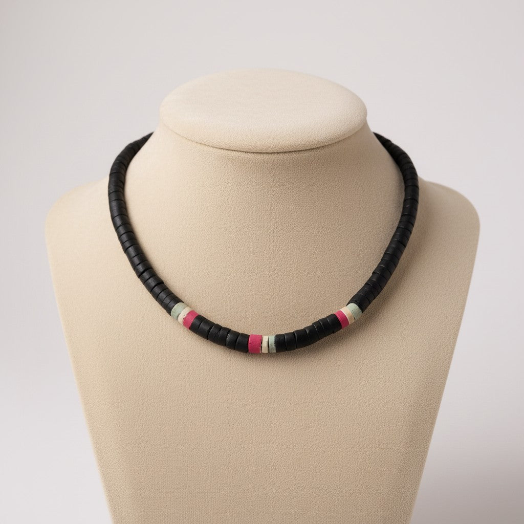 Collar Gargantilla de Hombre - Cuentas de Cerámica Negra con Detalles de Color - My Cuqui Shop