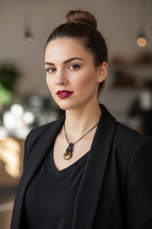 Collar Gargantilla "Fuerza Mística" en Macramé Negro con Ojo de Tigre Redondo - My Cuqui Shop #