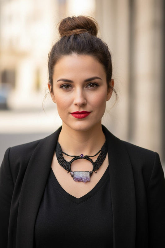 Collar Gargantilla "Geoda Amatista" en Macramé Negro Artesanal - My Cuqui Shop