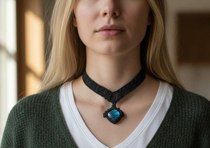 Collar Gargantilla "Labradorita Élfica" en Macramé Negro Artesanal - My Cuqui Shop #