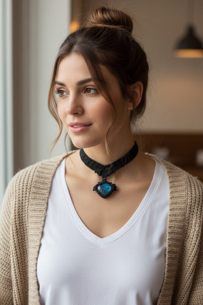 Collar Gargantilla "Labradorita Élfica" en Macramé Negro Artesanal - My Cuqui Shop #