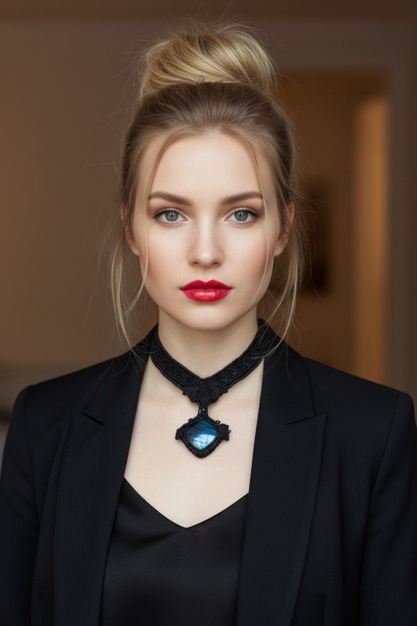 Collar Gargantilla "Labradorita Élfica" en Macramé Negro Artesanal - My Cuqui Shop #