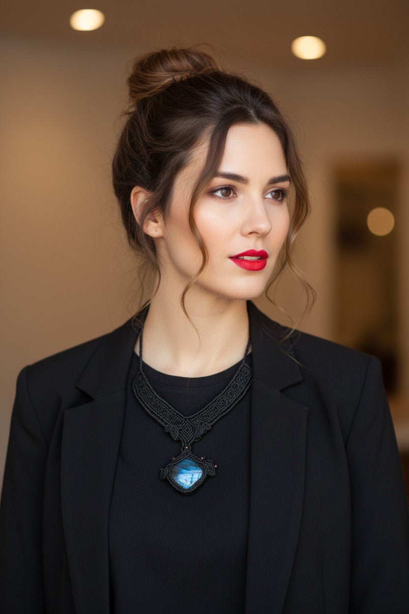 Collar Gargantilla "Labradorita Élfica" en Macramé Negro Artesanal - My Cuqui Shop #