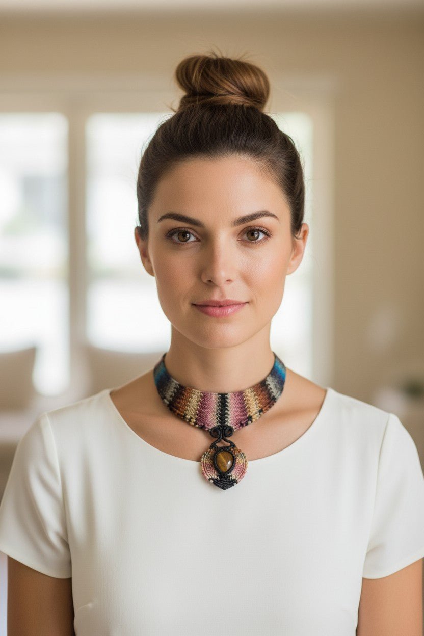 Collar Gargantilla "Ojo de Tigre Místico" en Macramé Multicolor - My Cuqui Shop #