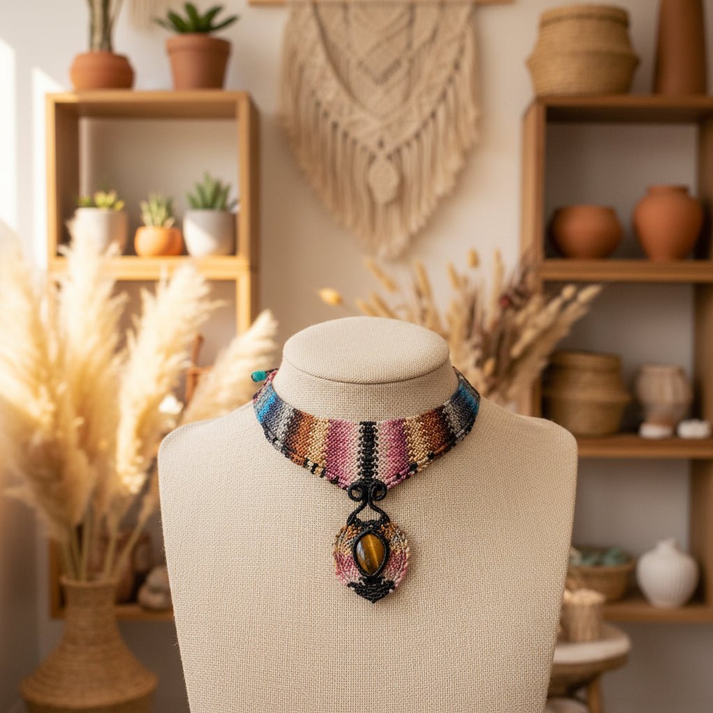 Collar Gargantilla "Ojo de Tigre Místico" en Macramé Multicolor - My Cuqui Shop #