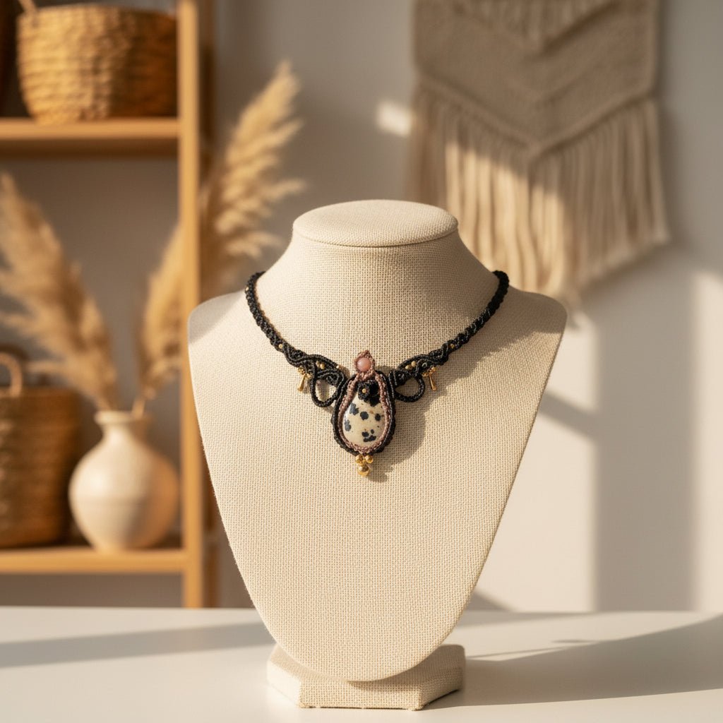 Collar "Manchas de Felicidad": Jaspe Dálmata & Macramé Bohemio - My Cuqui Shop #