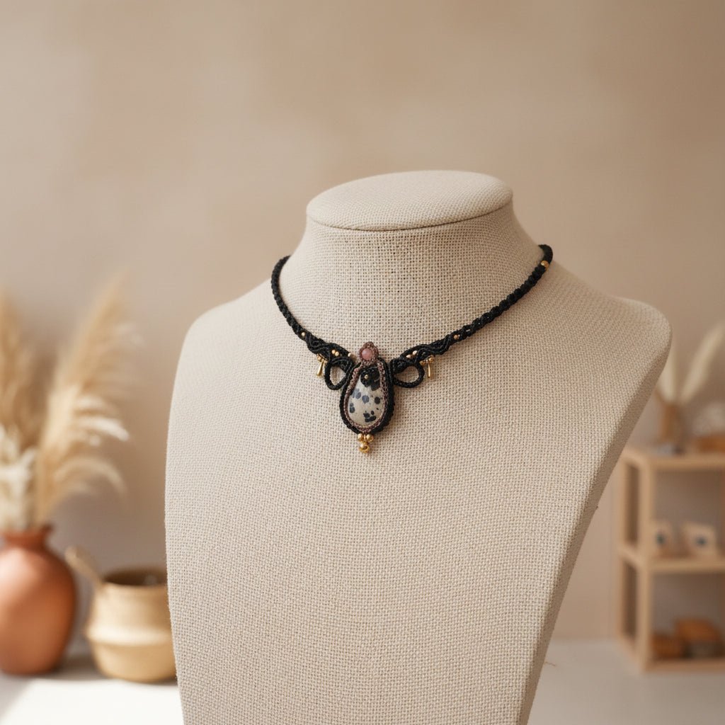 Collar "Manchas de Felicidad": Jaspe Dálmata & Macramé Bohemio - My Cuqui Shop #
