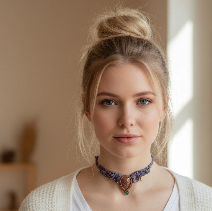 Collar/Choker Violeta con Gota de Piedra del Sol y Detalles en Acero Inoxidable Dorado - My Cuqui Shop #